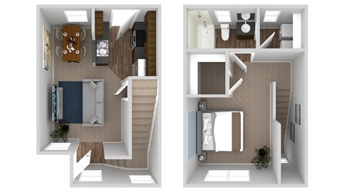 A floor plan of a two-bedroom apartment with a staircase in between.